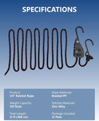 1/4" Heavy Duty Retractable Rope: 12 Pack of Tie Down Ratchet Straps - Works Well for Kayak or Boat