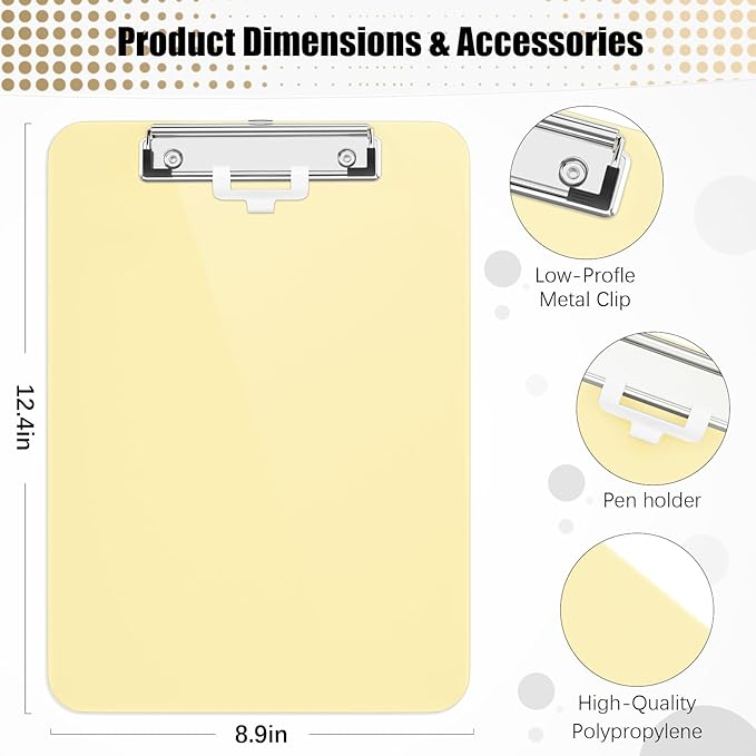 Hongri Plastic Clipboard with Pen Holder, Yellow 8.5x11 Letter Size Clip Board for Classroom, Office, Students, Nurses and Women, Low Profile Clip, Size 12.5 x 9 in