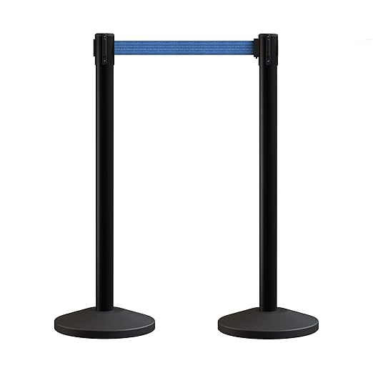 Crowd Control Warehouse CCW Series RBB-100 - Set of 2 Stanchions with Retractable Belts - 11 Foot Blue Belt, Black Post - Retractable Line Barrier, Crowd Control Stanchion