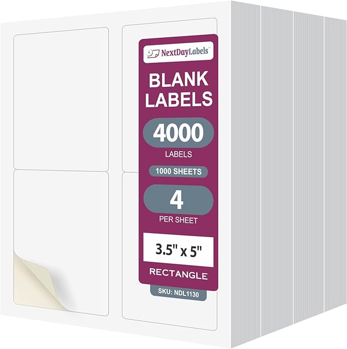 NextDayLabels – 3.5" x 5" Rectangular Sticker Labels for Printer - White Laser/Inkjet Printer Labels Return Address Labels Shipping Label Stickers (1000 Sheets, 4 Per Sheet, 4000 Labels)