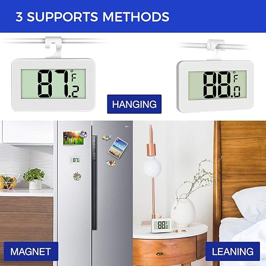 Mini Refrigerator Fridge 2 Pack Digital Freezer Thermometer Waterproof Room Thermometer with Hook, Large LCD Display