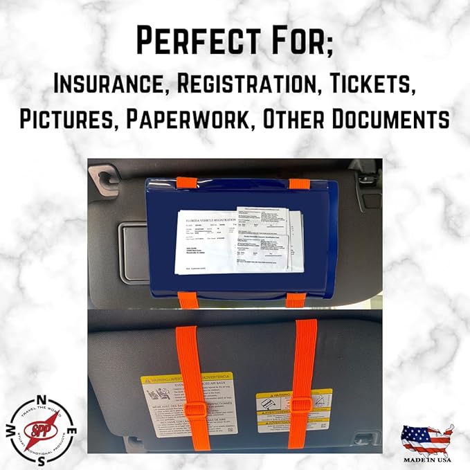 Florida, Document Holder for Vehicle Visor. Perfect for Insurance & Registration. Royal Blue Back, Orange Stretch Band, Orange Buckle, Made in USA
