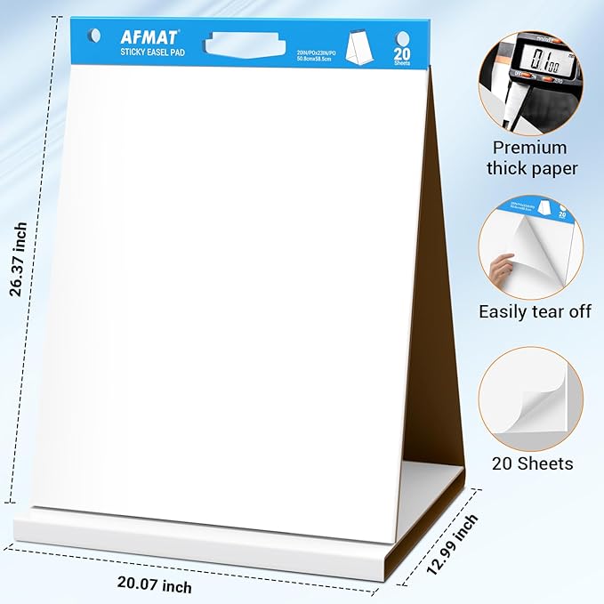 AFMAT Tabletop Sticky Easel Pad, 20 x 23 in Portable Easel Stands for Teachers, Super Sticky & Bleed-Resistant, Self-Stick Easel Paper for Office/Classroom/Training/Presentation, 20 Sheets/Pad, 6 Pads