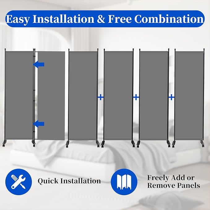 Room Divider 6FT Room Partition with Lockable Wheels, (Thicked Metal Base) Room Dividers, Freestanding Indoor Folding Privacy Screens, Portable Fabric Wall Divider for (Grey, 132"- 6 Panel)