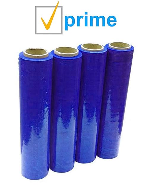 APQ 4 Rolls of Blown Hand Stretch Film 18" x 1500'. Blue Hand Stretch Wrap, 80 Gauge. Tear Resistant Residue Free Film for Moving, Shipping, Wrapping. Industrial Grade Pallet Shrink Wrap Film.