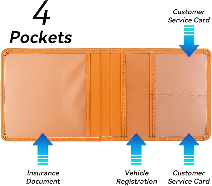Car Registration and Insurance Holder, Premium Pu Leather Vehicle Glove Box Organizer - for Driver License, Cards & Essential Documents (S-Orange)