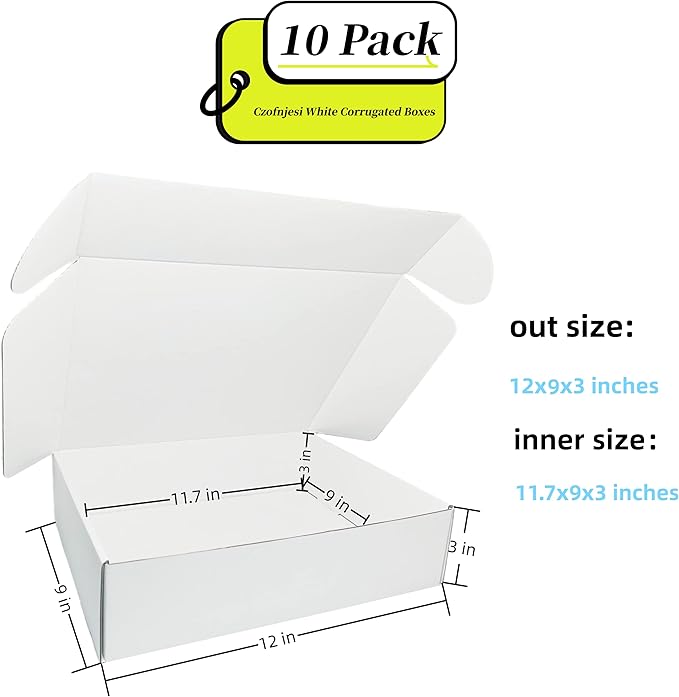12x9x3 inches Small White Mailers Boxes Recyclable Corrugated Gift Box for Packaging Shipping Set of 10