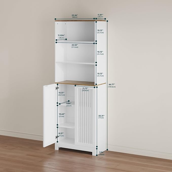 Bathroom Storage Cabinet - 46.7" Freestanding Tall Cabinet with Slatted Doors and Open Shelves, Adjustable Shelves, White Bathroom Organizer for Small Spaces, Bathroom Linen Tower with Closed Storage