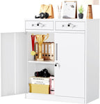 Greenvelly Metal Storage Cabinet with 2 Drawers,36" Lockable Storage Cabinet Steel White Cabinet with Doors and Adjustable Shelves for Bathroom Storage Home Office, Garage, School, Apartment