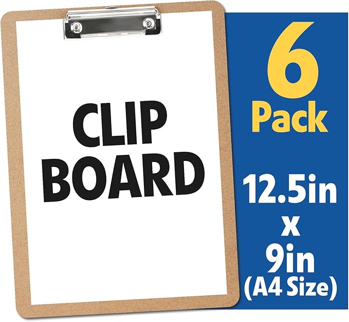 6 Pack Clipboards, Clipboards for Classroom, Letter Size (9 x 12.5 Inch) Wooden Clipboard, Hardboard Office Clipboard, Classroom Supplies