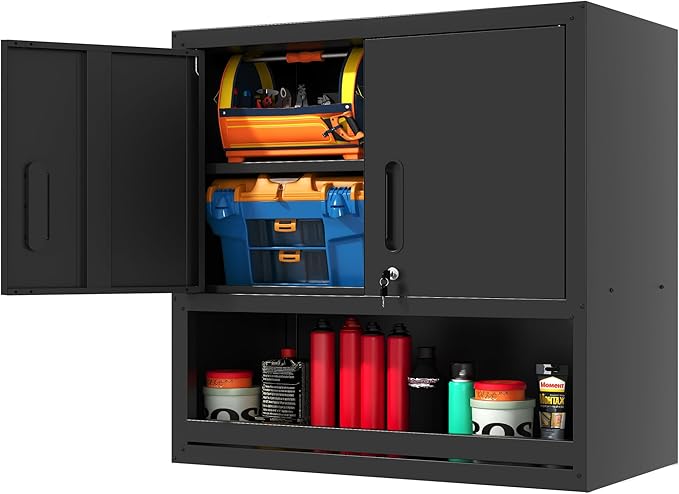 Garage Wall Cabinet Metal Storage Cabinet with Lock Wall Mounted Heavy Duty Steel Tool Cabinet with Door and Shelf Hanging Cabinet for Garage Warehouse Bathroom Kitchen,Assembly Required