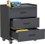 3 Drawers Metal Tool Storage Cabinet with Wheels, Rolling Tool Chest on Locking Wheels & Handle, Garage Cabinet, Heavy Duty Tool Cart, Mobile Steel Locker for Home,Workshop, Warehouse, Black