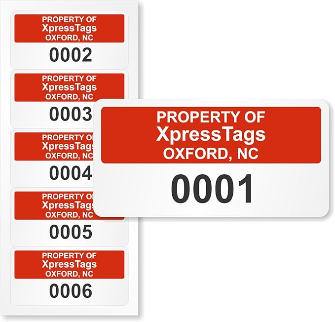 XpressTags 0.75"x1.5" Custom Asset Tags, Inventory Stickers with Sequentially Numbered Asset Labels, Permanent Adhesive Vinyl - Pack Sizes 100 to 5000, Made in USA