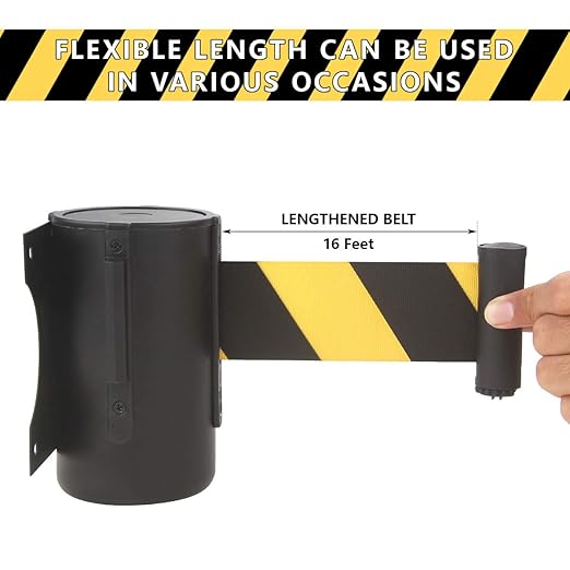 A-KARCK Wall Mount Retractable Belt 16 Foot 2 Packs, Crowd Control Wall Barrier with Steel Case Black and Yellow Belt Works in Any Weather Conditions