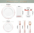 350PCS Rose Gold Plastic Plates for 50 Guests, Disposable Dinnerware Set Includes 100 Disposable Plates, 150 Rose Silverware, 50 Cups, 50 Napkins for Party, Wedding