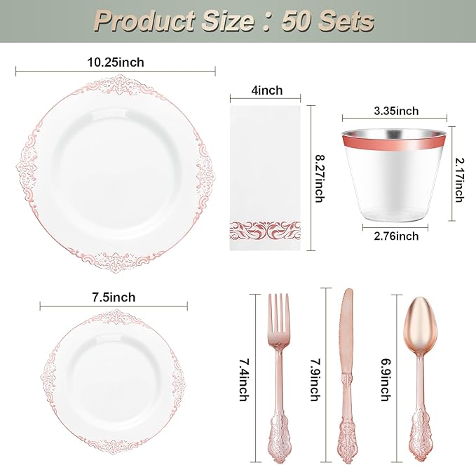 350PCS Rose Gold Plastic Plates for 50 Guests, Disposable Dinnerware Set Includes 100 Disposable Plates, 150 Rose Silverware, 50 Cups, 50 Napkins for Party, Wedding