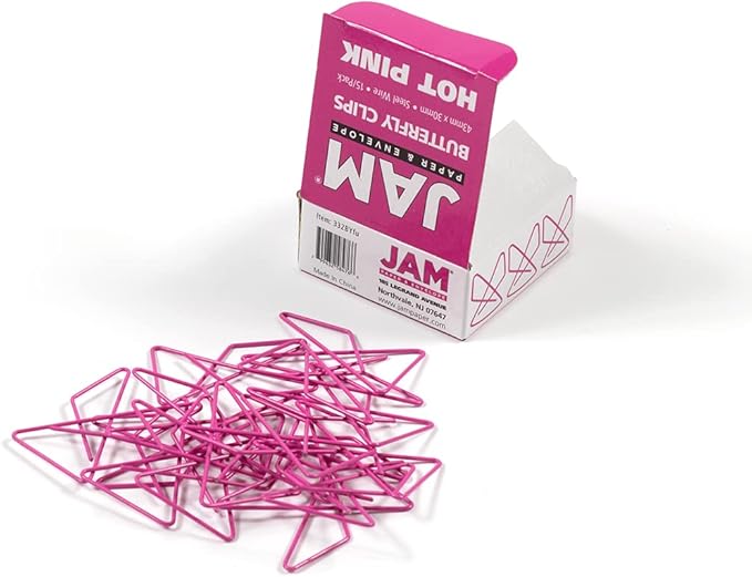 JAM PAPER Colorful Butterfly Clips - Pink Paper Clamps - 15/Pack