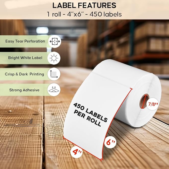 SL450 4x6 Shipping Label in 1 Roll (450 Pages per roll) Support Arkscan Label Printers, Compatible w/Zebra LP2844, Zp-450, Zp-500, Zp-505 and Other Brands, It's Designed for Direct Thermal, White.