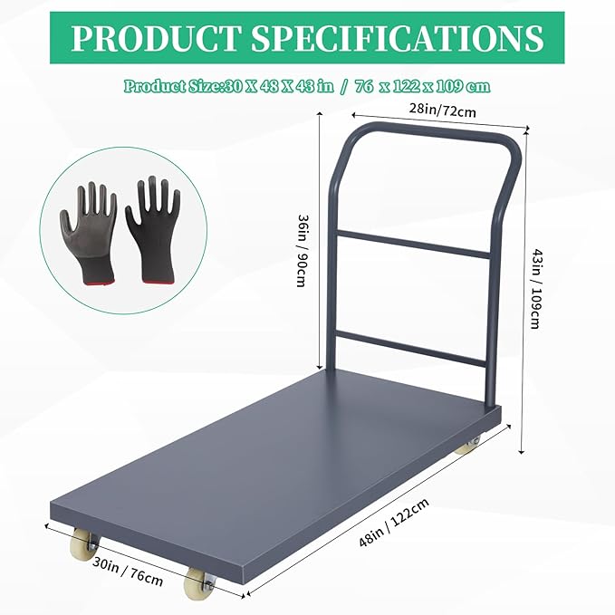 Heavy Duty Flatbed Cart 48"x30" Platform Truck, 2000 lbs Capacity Steel Hand Truck with 4 Swivel Wheels, Industrial Utility Push Cart for Warehouse, Garage, and Moving Supplies