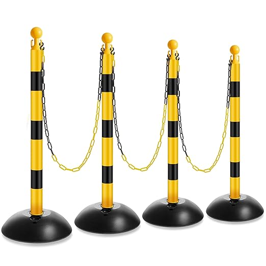 Amylove Plastic Stanchion Post Set, Traffic Warning Line Stanchion Crowd Control Safety Barriers Driveway Barrier with 5 Chains and 10 S Hooks for Outdoor Indoor Parking(Yellow Black,4 Pcs)