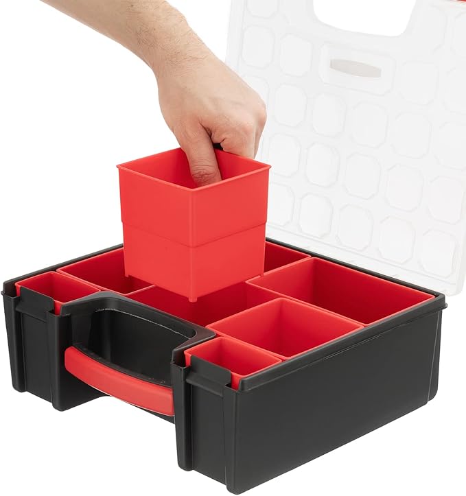 INTERTOOL Hardware Organizer with 7 Deep Removable Bins - Small Parts Storage Tool Box for Nuts, Bolts, Screws, Nails - Portable Handle Transparent Lid with Locks BX08-4032