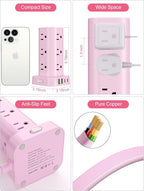 Power Strip Tower with Multiple Outlets, Flat Plug Surge Protector Tower Extension Cord with 12 AC Outlets 4 USB Ports (2 USB C), 6FT Cord Power Tower Surge Protector for Home Office Dorm Room, Pink