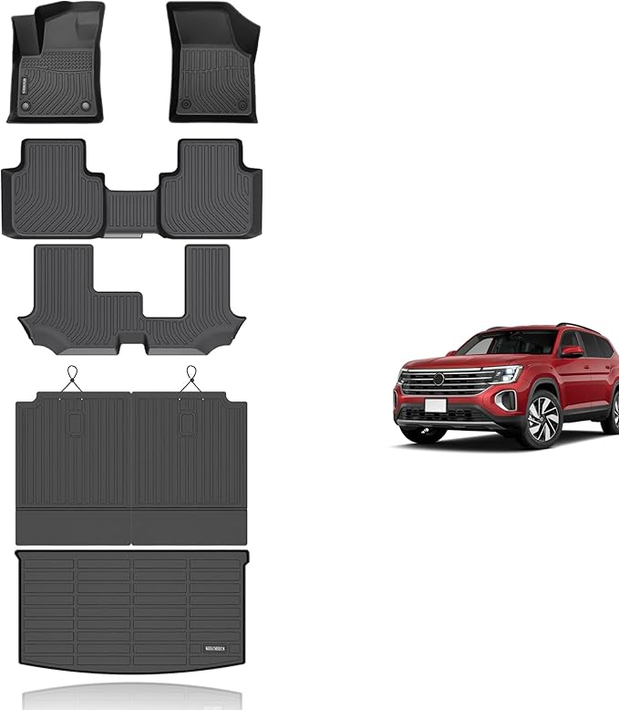 KELCSEECS® Floor Mats & Cargo Liner Custom for Volkswagen Atlas 2026 2025 2024-2018 7 Passenger Bench,All Weather Protection Anti-Slip TPE Floor Liners Full Set Volkswagen Atlas Accessories Black