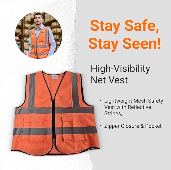 High-Visibility Safety Vests – Pack of 3, Reflective vest, Front Zipper & Utility Pockets for Maximum Safety