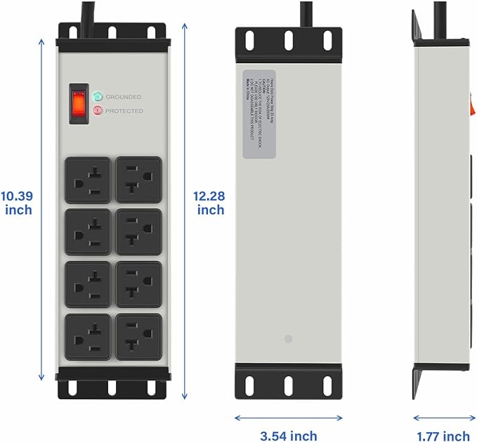 CCCEI Heavy Duty Power Strip Surge Protector 20 AMP, 8 Outlets 12 Gauge Industrial Shop Garage Metal Multiple Outlets, 10 FT Extension Cord 5-15P Adapter High Amp 6-20R T-Slot 20a for Appliance
