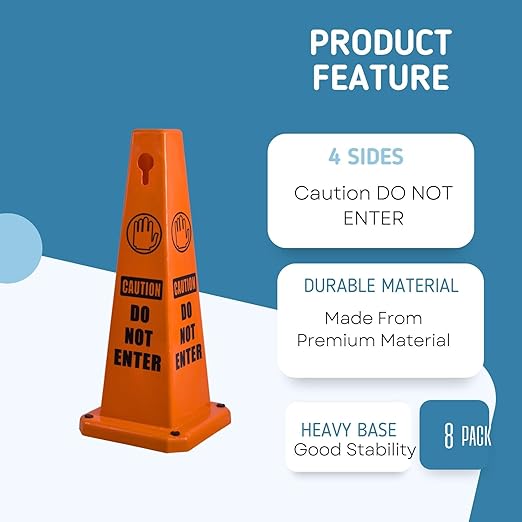 BESEA 8 Pack Red Safety Cones Caution DO NOT Enter Sign 4-Sided Heavy Duty Traffic Cones with Weighted Base for Restricted Areas, Construction Zones, Private Property