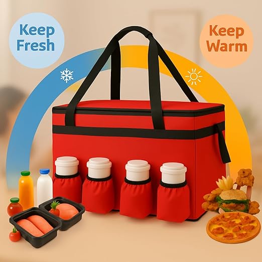 Insulated Food Delivery Bag with 4 Cup Holder and Bottom Support, XX-Large Insulated Grocery Bags Keep Food Hot/Cold, Cooler Bags with Drink Carrier, Food Carrier Catering Bag for Events, Red
