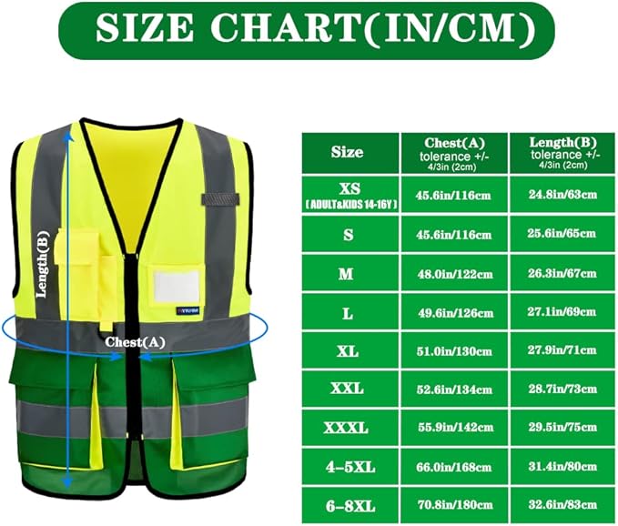XSMALL High Visibility REFLECTIVE WORK Yellow green Safety Vest with zipper Reflective Strips 7 Pockets