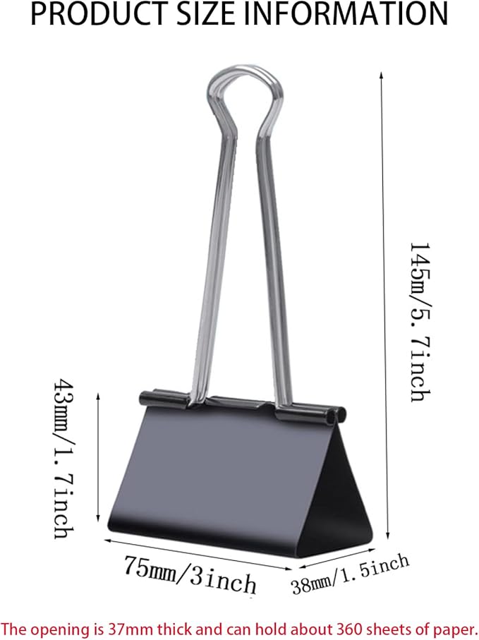 Jumbo Binder Clips, 3 Inch (6 Pack), Standard 75mm, Black, Drawing Board Clips, Fold Clamp, Paper Clips, Office and School Supplies