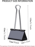 Jumbo Binder Clips, 3 Inch (6 Pack), Standard 75mm, Black, Drawing Board Clips, Fold Clamp, Paper Clips, Office and School Supplies