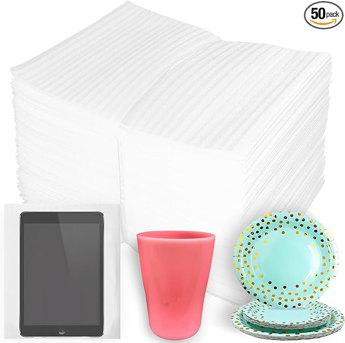 10'' x12'' Cushion Foam Pouches, 50Pcs Packing Cushioning Supplies for Moving, Foam Wrap Pouches Protect Fragile Items, Cushioning Foam Padding for Packaging Dishes/China/Cups/Plates/Mugs