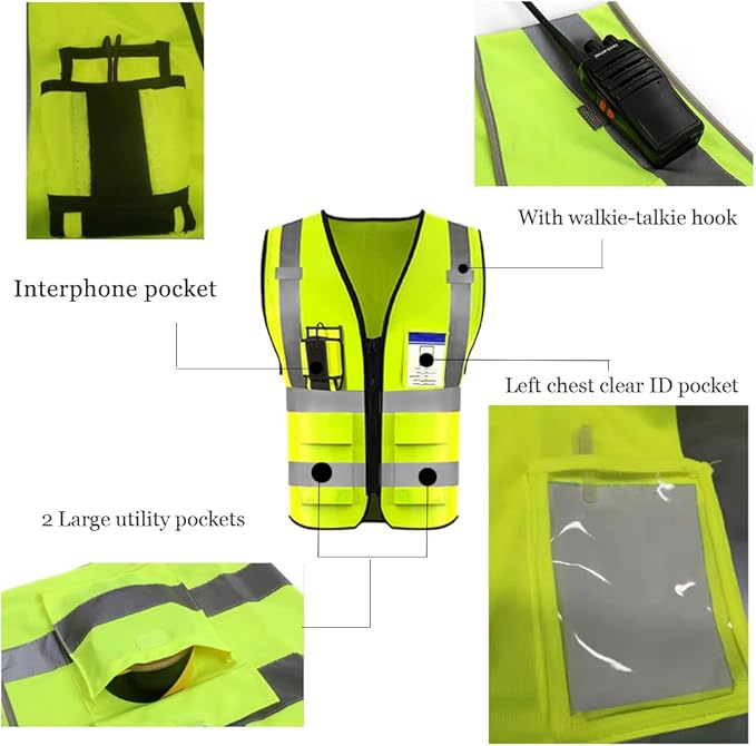 YOWESHOP High Reflective Visibility Safety Vest with Pockets and Zipper Custom Your Logo Safety Workwear