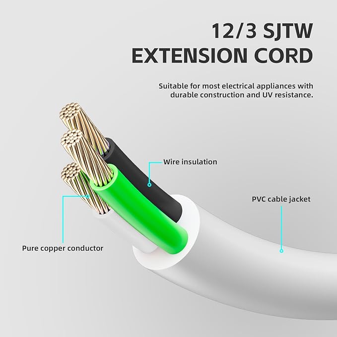 25 FT 12 Gauge Extension Cord Outdoor, Heavy Duty Weatherproof & Flame Retardant Black 3 Prong Power Cord, Outside for Garden & Lawn, 15 Amps 1875 Watts 125 VAC 12AWG SJTW, UL Listed