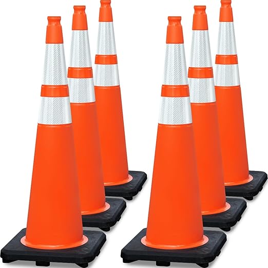 6 Pack Extra Large 36" Inch PVC Traffic Cones with Heavy-Duty Base, High-Visibility All-Weather Safety Cones for Road Construction, Parking Lot, and Garage Use (6, Orange, 36" Extra Large)