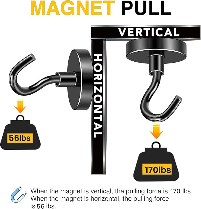 DIYMAG Black Magnetic Hooks, 170 LB Heavy Duty Strong Magnets with Hook, Rare Earth Neodymium Magnet for Hanging, Magnetics Hanger for Curtain, Home, Kitchen, Workplace, 6 Packs