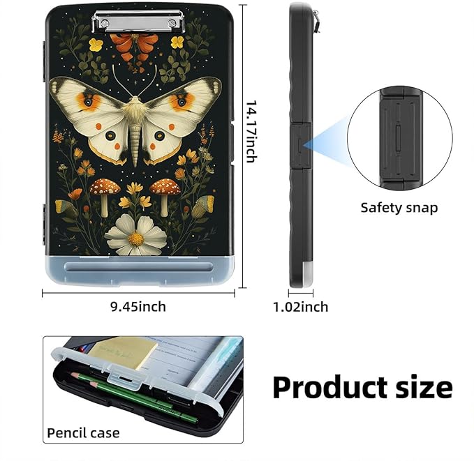Clipboard with Storage Box & Pen Holder,Heavy Duty Clip Boards 8.5x11 for Nursing,High Capacity,School & Office Supplies,Moth Flowers Mushrooms