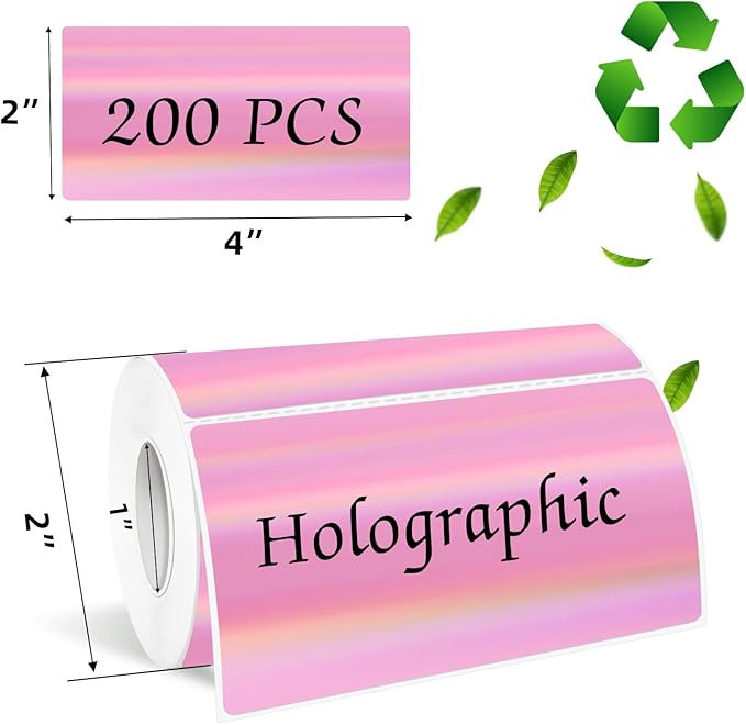 2x4 Inch Holographic Thermal Labels, Pink Direct Thermal Stickers Label, Self-Adhesive Glitter Thermals Printer Sticker Labels, Perforation Line Design- 200Pcs/ 1 Roll