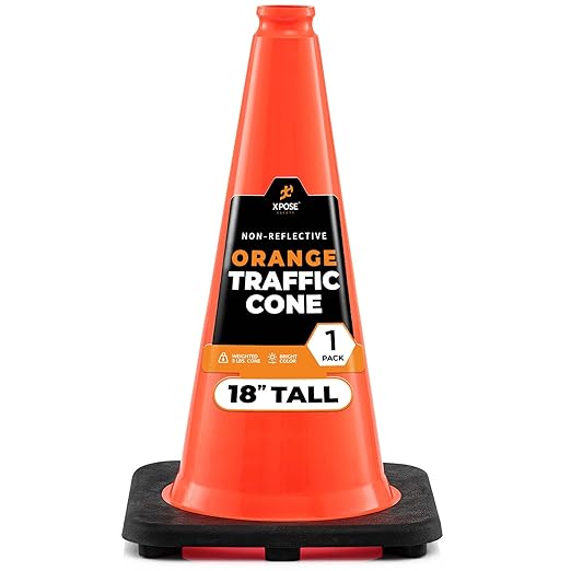 Xpose Safety 18 Inch Orange Traffic Cone, 1-Pack - Multipurpose PVC Plastic Safety Cone for Parking, Soccer, Caution, Kids and Construction - DOT Approved