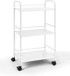 SunnyPoint 3-Tier Rolling Utility Cart – Metal Storage Organizer with Wheels, Mobile Kitchen Cart, Office & Home Organizer, White, 12" D x 16.92" W x 31.1" H