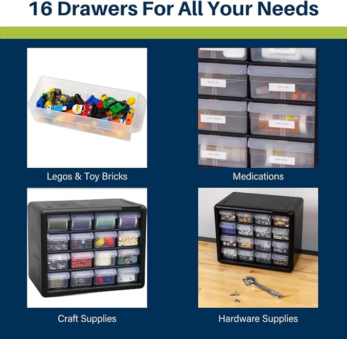 Akro-Mils 16-Drawer Plastic Cabinet for Garage Organization, Beads, Makeup Organizer, Building Bricks Storage, Teacher Toolbox, 10-1/2" W x 6-1/2" D x 8-1/2" H, 10716 Black (Pack of 4)
