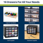 Akro-Mils 16-Drawer Plastic Storage Cabinet | 10-1/2 x 6-1/2 x 8-1/2 Inch | Black | Model 10116 | Garage Organization