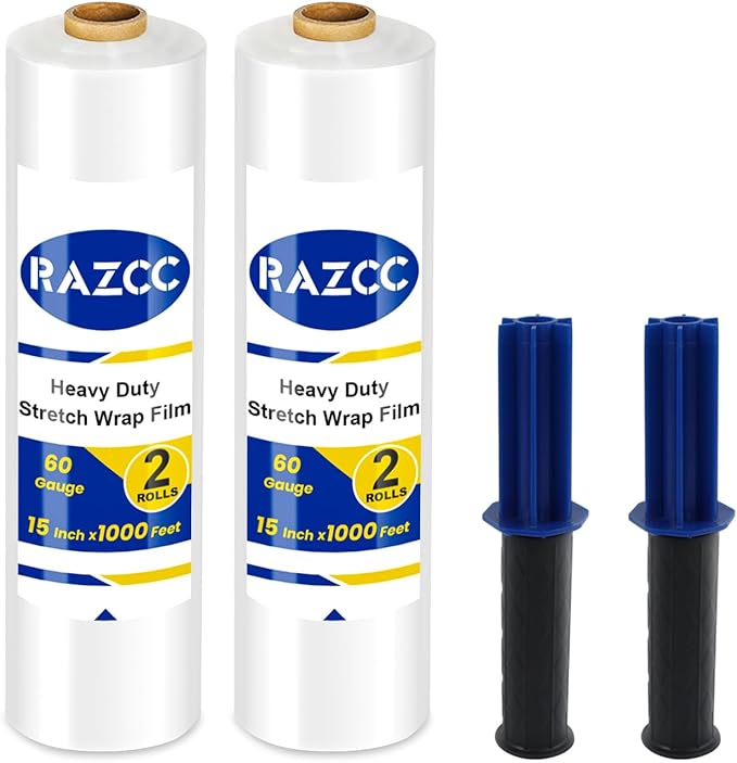 Stretch Film, RAZCC Stretch Wrap Industrial Strength, Shrink Wrap for Pallet Wrap, Heavy Duty Clear Plastic Wrap with Handles, Moving Wrapping Plastic Roll, 15" x 1000 Ft Per Roll, 60 Gauge, 2 Pack