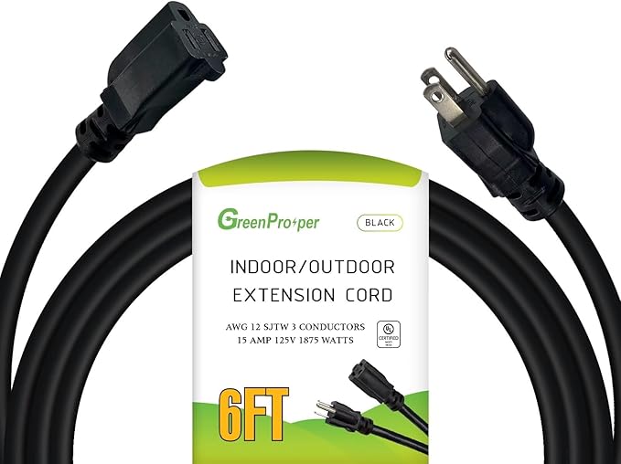 12 Gauge Indoor Outdoor Heavy Duty Black Extension Cord 6 FT, 12 AWG SJTW Electrical Cable, Weather-Resistant Power Cord, Great for Gardenfor, Offices and Lawns