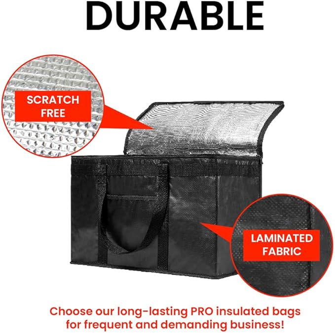 Durable PRO Insulated Cooler Bag and Food Warmer (XXL, 2 Pack) for Delivery & Grocery Shopping with Zippered Top, Black Commercial Grade