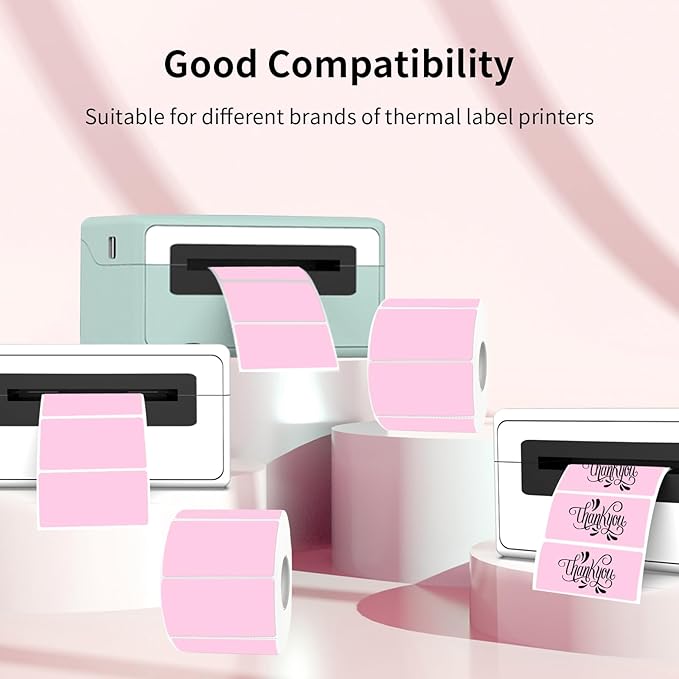 2x1 Inch Thermal Labels, Pink Thermal Printer Stickers, Waterproof Self-Adhesive Shipping Label Printer Sticker for Barcode, Name, Address, 300 Labels/Roll