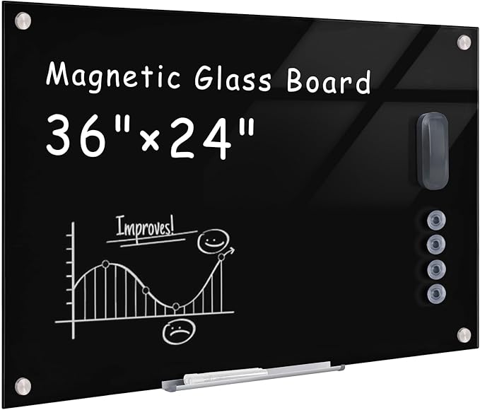 Mifuro Magnetic Glass Whiteboard，36"x24" Wall Mounted Frameless Dry Erase Board for Office, Home & School Black